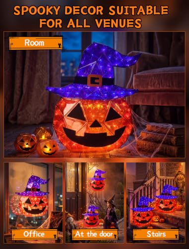 Outdoor Lighted Pumpkin Decorations with Witch Hat - 24 Inch Halloween Yard Decor