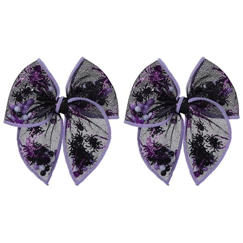 Halloween Spider Shaker Hair Clips - Black & Purple Mesh Bow with Alligator Clips - Variation D