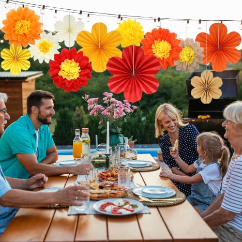 Dark Orange Red Paper Flower Fans & Pompoms Set for Fall Party Decorations - 12PCS