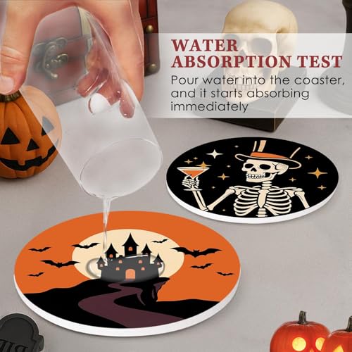 Halloween Ghost & Skeleton Coasters Set of 6 - Ceramic Stone Drink Protectors with Cork Bottom & Holder - Skeleton Castle Ghost Variation