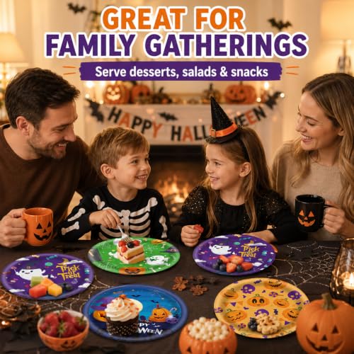 48Pcs Halloween Paper Plates 7 Inch with Ghost Pumpkin Skeleton Designs - Fall Party Tableware - Halloween Variation
