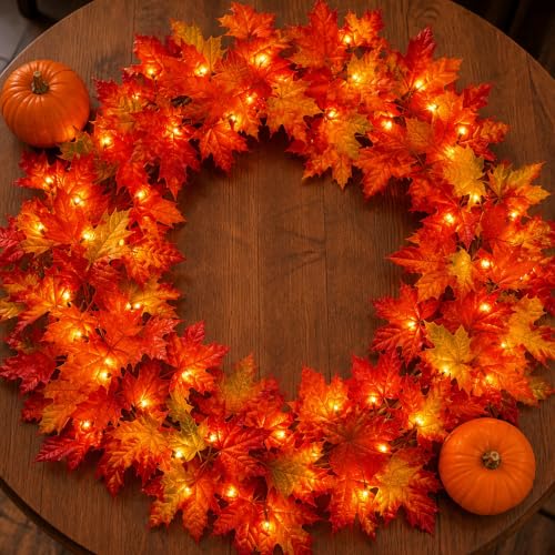 2 Pack 9FT Plug-In Fall Garland with 50 Orange Incandescent Lights for Indoor Outdoor Decor