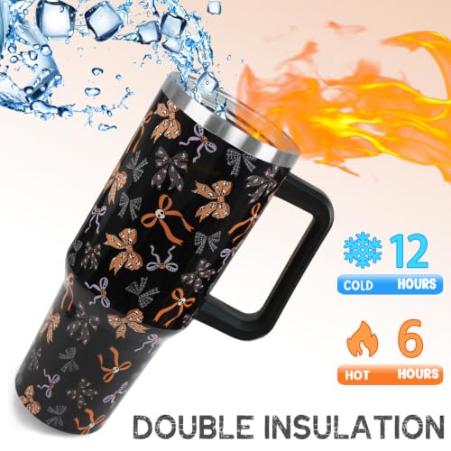Halloween 40oz Tumbler with Handle Goth Skull Bow Candy Corn Spiderweb Coffee Travel Mug - Black+Pink
