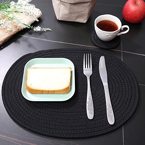Black Oval Woven Cotton Placemats Set of 4 - Farmhouse Boho Table Decor