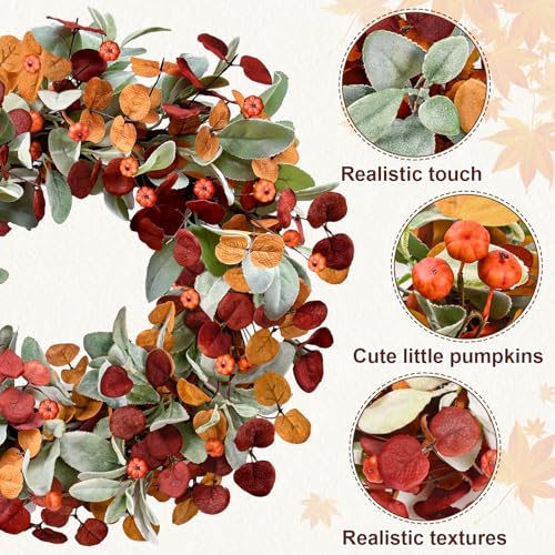 Fall Wreaths for Front Door - 26 Inch Autumn Door Decor with Lambs Ears, Leaves, Pumpkin - Set of 1 (Orange, Red, Green)