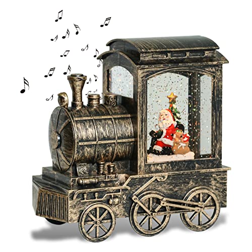 Christmas Snow Globe Lantern Train Water Swirling Glitter with Timer & Music - Santa Scene - Copper - Variation LR