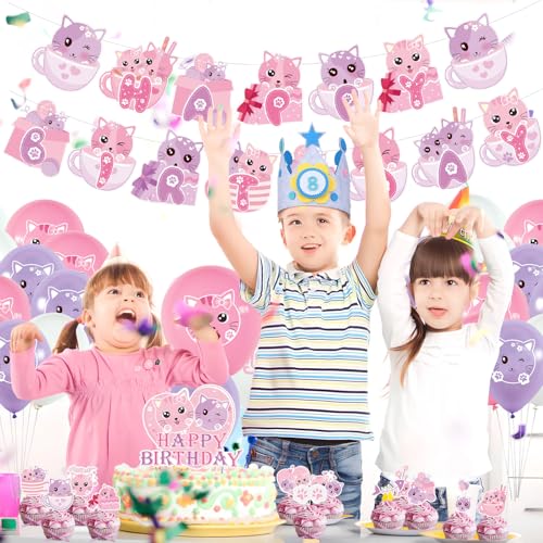 Cat Birthday Party Decorations Set with Banner, Cake Toppers, Balloons & Ribbons