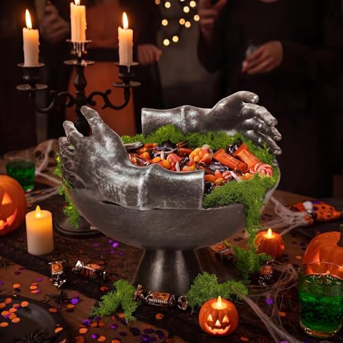 Halloween Skeleton Candy Bowl Resin with Artificial Moss - Gothic Skeleton Hand Design
