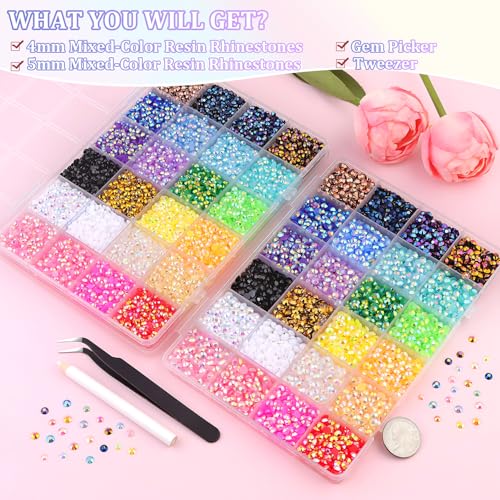 Multicolor Jelly Rhinestones Set - 19200 Pcs 4mm & 5mm Flatback Resin Gems for Crafts & DIY Projects - Large Pack
