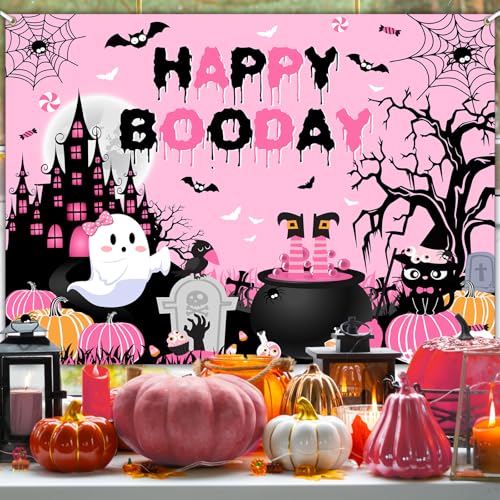Happy Boo Day Banner Backdrop 7x5 ft Pink Halloween Birthday Decorations - Avezano