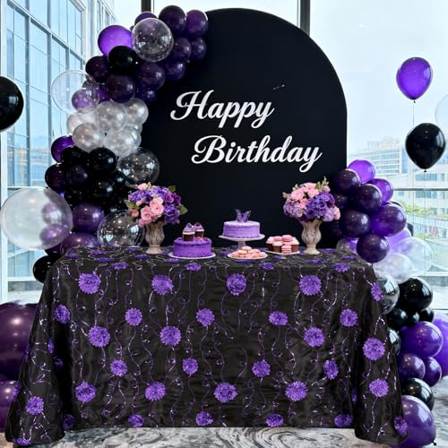 Black 132x90 Inch Rectangular Christmas Tablecloth with 3D Rosette Sequin Satin