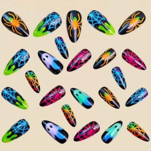 Halloween Design Medium Almond Press On Nails - Ghost & Spider Web Art, 24Pcs - Variation 5