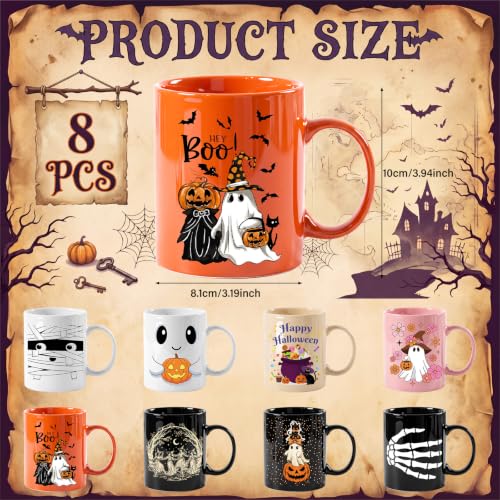 Halloween Ghost Ceramic Coffee Mug Set - 8 Pcs, 12 oz, Handle, Holiday Decor