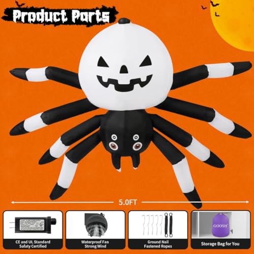 Halloween Inflatable Spider with LED Lights - 5 Ft Outdoor Yard Decoration