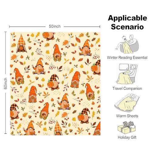 Autumn Fall Blanket Gnome Pumpkin Leaves Cream Cozy Throw 50x60in