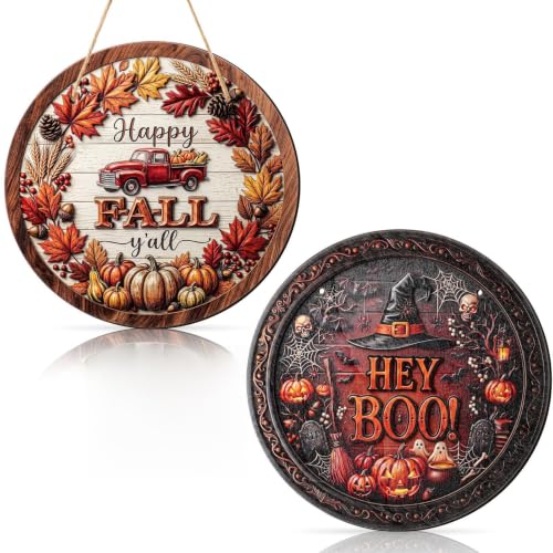 Reversible Fall Halloween Door Sign - Happy Fall & Hey Boo - Halloween & Autumn Decor - Fall Halloween Variation