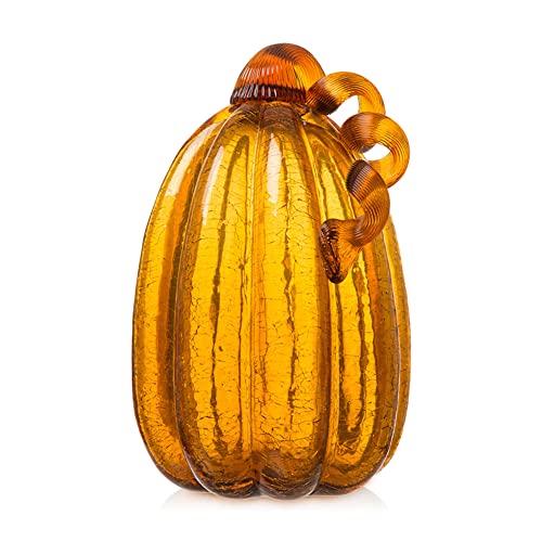 Hand Blown Glass Pumpkin Decor - 9 Inch Amber Autumn Centerpiece