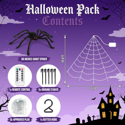 Halloween Spider Web Lights Outdoor with 250 Purple LEDs & Fuzzy Spider - 16.4ft Web Decor Set