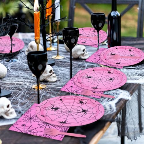 Pink Halloween Spider Web Disposable Dinnerware Set for 24 Guests