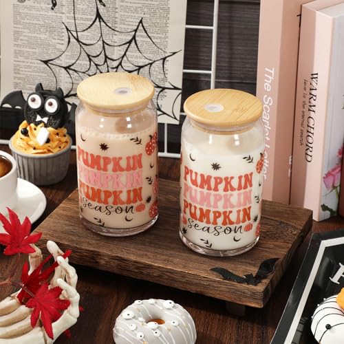 Halloween Pumpkin 16 Oz Glass Drinking Set with Lid & Straw - Fall Party Glassware