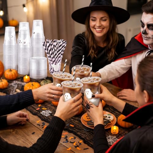 Halloween Ghost Latte Plastic Cups Set - 50 Count 16 oz with Lids & Straws - Black & White / Ghost & White