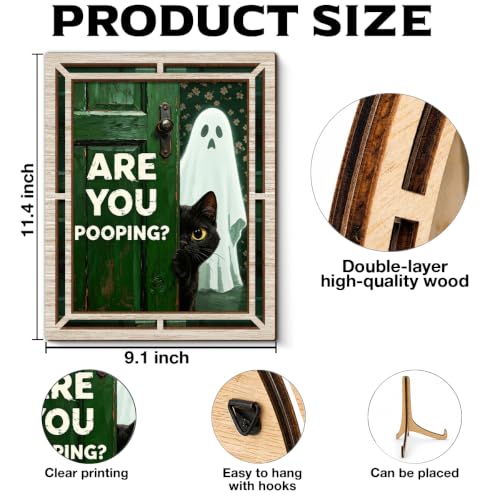 Are You Pooping? Halloween Cat Ghost Wooden Bathroom Sign - Funny Wall Decor - Are