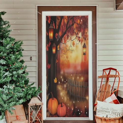 Thanksgiving Pumpkin Harvest Door Cover - Stretchy Fabric, 35x79 Inches - Holiday Home Decor