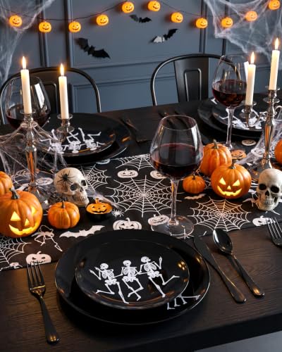 Black Halloween Disposable Plates for Party - Skeleton Design, 125 pcs