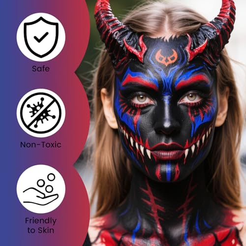 Face Paint Kit for Halloween Makeup - Oil-Based, Vivid Colors, Includes 3 Brushes - Red Black Blue Variation