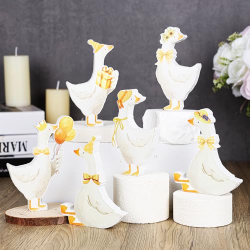 Wooden Silly Goose Tabletop Decor Set - Pink Bow for 1st Birthday Party (Yellow Variation)