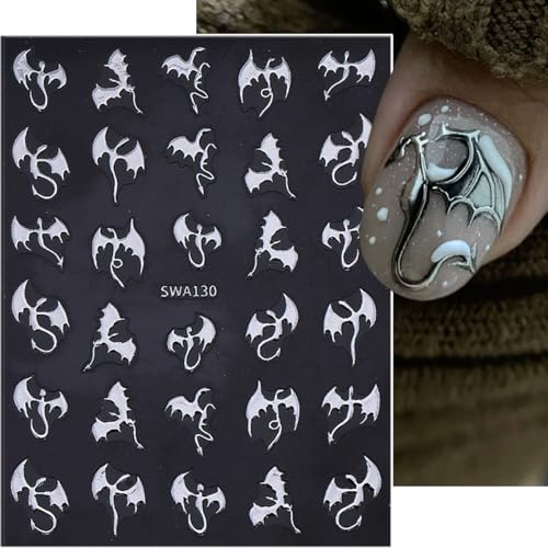 Halloween Bat Nail Art Stickers 6 Sheets - 3D Gold Silver Flying Dragon Design, Style 4