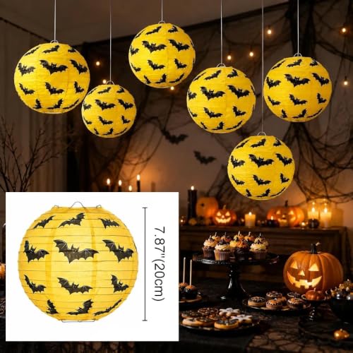 Halloween Bat Paper Lanterns Set of 8 - Yellow and Black Hanging Decorations for Parties