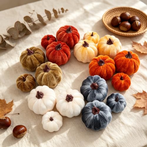 Velvet Mini Pumpkins Fall Decor Set - 18 Pcs Rustic Harvest Accessories