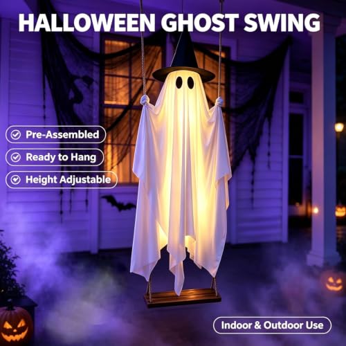 Adjustable Hanging Ghost Decorations with LED Lights for Outdoor Halloween Yard