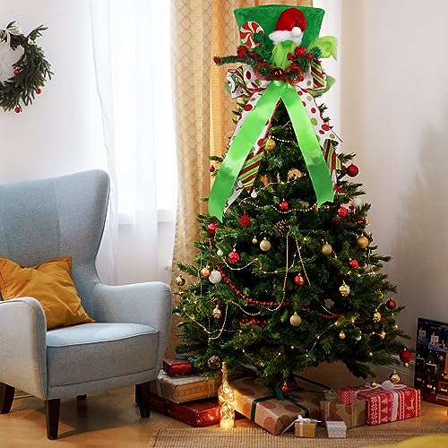 Large Green Velvet Christmas Tree Topper Hat with Lengthened Bowknot - Holiday Decor