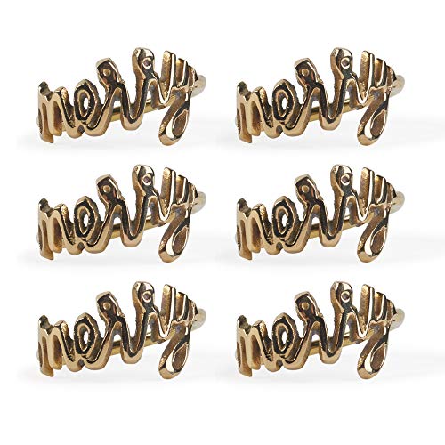Merry Gold Christmas Thanksgiving Napkin Ring Set - 6 Piece, 1.9" Diameter