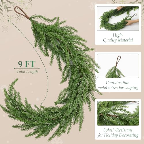 Green 9FT Norfolk Pine Christmas Garland for Mantle - Faux Holiday Decor