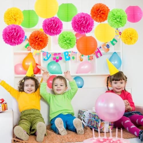Neon Paper Lanterns and Pom Poms Glow Party Decorations - 15pcs - Neon