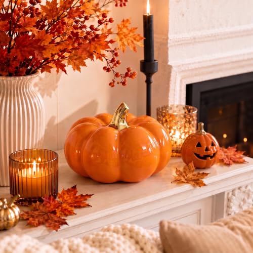 Orange Ceramic Pumpkin Halloween Decor - 8.2 Inch Fall Harvest Accent - Sibling Variation