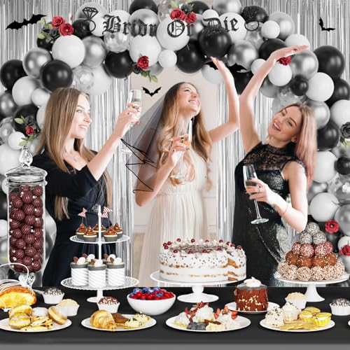 Gothic Bachelorette Party Decorations Set with Balloons Banner Veil Fringe Curtains