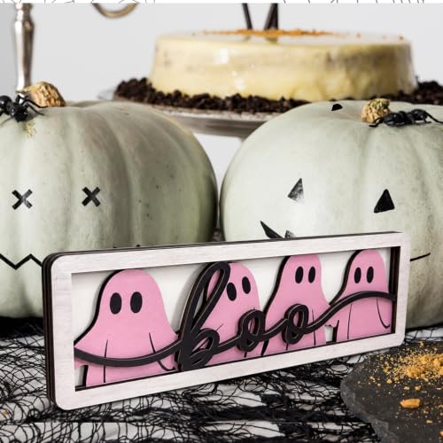 Pink Halloween Ghost Wooden Sign - Spooky Indoor Decor for Fireplace & Shelf