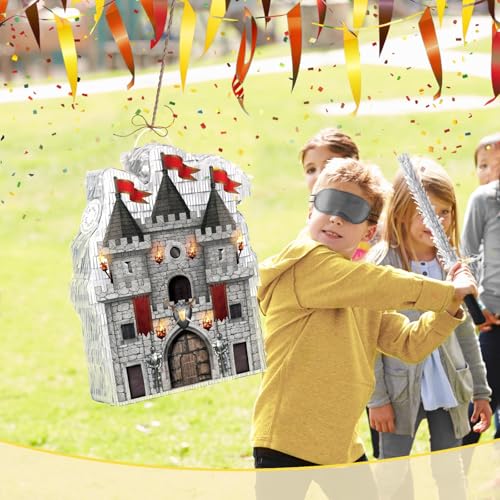 Medieval Castle Piñata with Blindfold and Bat - Knight Theme Party Accessory