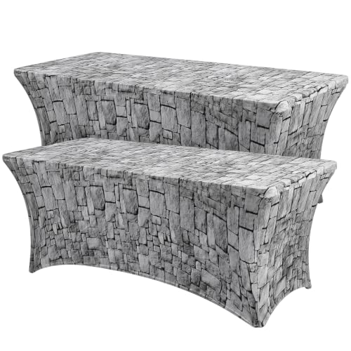 2 Pack 6ft Rectangular Spandex Tablecloth with Grey Stone Wall Pattern - Fitted for 72x30 Inch Tables