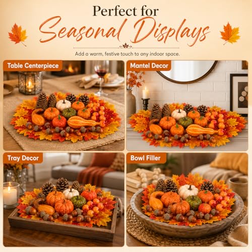 Fall Decor Set with Artificial Pumpkins Gourds and Leaves - Orange & Brown, 96 Pieces