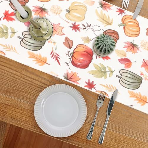 Fall Table Runner for Kitchen Dining 13x60 Inches - Harvest Pumpkins & Maple Leaves, Water-Proof & Washable
