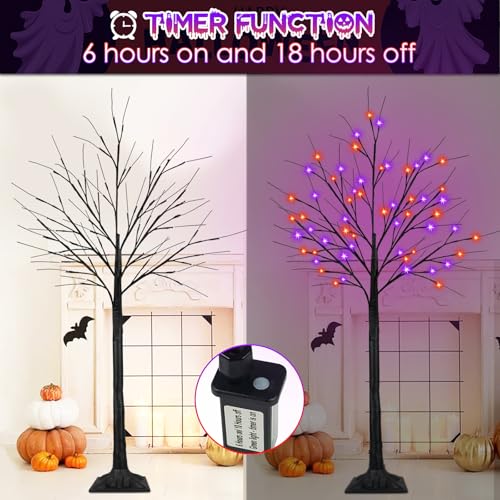 2 Pack 6FT Black Halloween Tree with 288 Orange & Purple LED Lights - Indoor Outdoor Decor