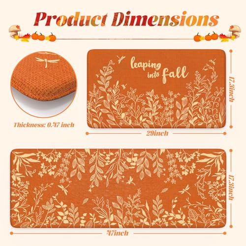 Fall Leaf Kitchen Mat with Pumpkin Design Anti-Fatigue Cushioned Rug 17.3x47+17.3x29 - Orange/Leaf
