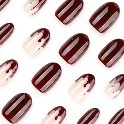 Halloween Short Oval Press-On Nails Vampire Blood French Tip - Variation 35