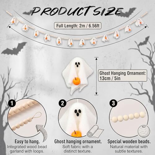Halloween Ghost Garland - 6.6ft Indoor Mantel & Wall Decor with Wooden Beads