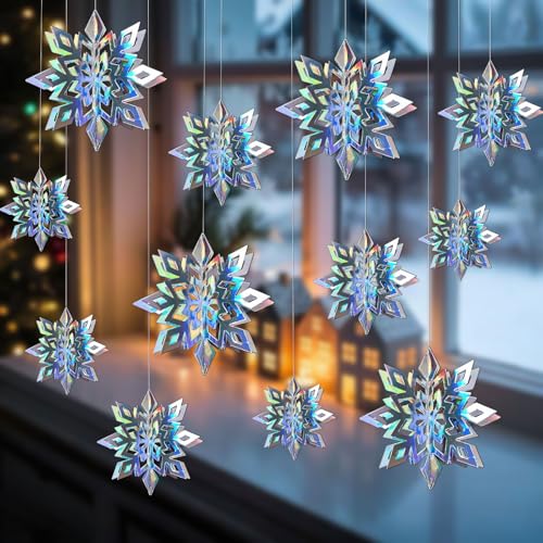 12Pcs Iridescent Snowflake Ornaments for Christmas Tree Winter Decorations